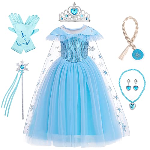 LOBTY Mädchen ELSA Prinzessin Kleid mit Accessoires Schneekönigin Verkleidung Kinder Prinzessin Kleid Geburtstag Weihnachten Party Halloween Karneval Cosplay Kostüm von LOBTY