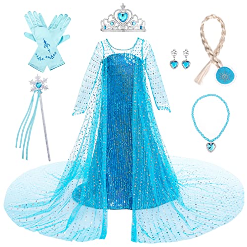 LOBTY Mädchen Elsa Prinzessin Kleid mit Accessoires Schneekönigin Verkleidung Kinder Prinzessin Kleid Weihnachten Geburtstag Party Halloween Karneval Cosplay Kostüm von LOBTY