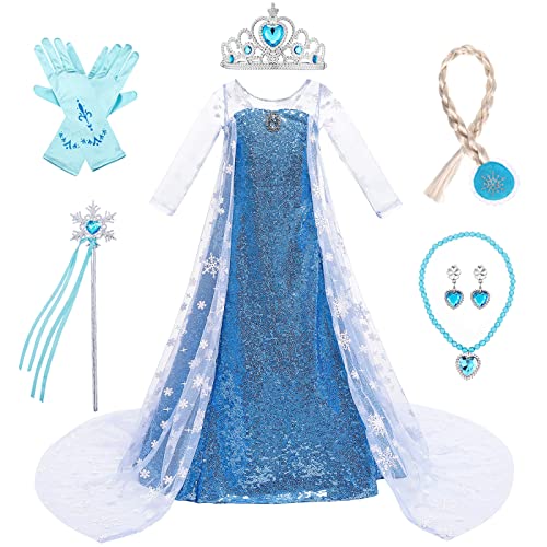 LOBTY Mädchen Elsa Prinzessin Kleid mit Accessoires Krone Halskette Handschuhe Schneekönigin Verkleidung Weihnachten Geburtstag Party Halloween Karneval Cosplay Kinder Prinzessin Kleid von LOBTY