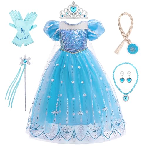 LOBTY Mädchen Elsa Prinzessin Kleid mit Accessoires Krone Halskette Handschuhe Schneekönigin Verkleidung Weihnachten Geburtstag Party Halloween Karneval Cosplay Kinder Prinzessin Kleid von LOBTY