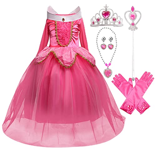 LOBTY Mädchen Prinzessin Aurora Schulterfrei Kostüm Rosa Kinder Kostüm Halloween Weihnachtsfeier Kostüm Tiara Zauberstab 110-150 von LOBTY