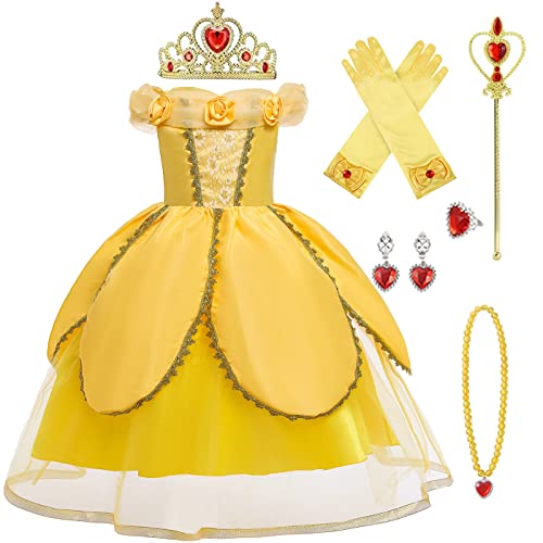 LOBTY Prinzessin Belle Kleid mit Accessoires Mädchen Die Schöne und das Biest Verkleidung Kinder Prinzessin Kleid Geburtstag Party Weihnachten Halloween Karneval Cosplay Kostüm von LOBTY