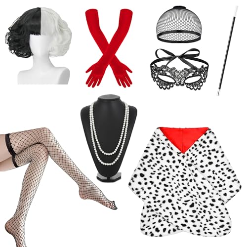 Cruella Kostüm Damen,Perücke Cruella Deville Kostüm,Halb Schwarz Halb Weiß Kurze Perücken,mit Faux Schal Handschuhe+Perückenkappe+Spitze Maske+Holder+Perlenkette Halskette Set für Halloween Karneval Cruella Kostüm Damen,Perücke Cruella Deville Kostüm,Halb Schwarz Halb Weiß Kurze Perücken,mit Faux Schal Handschuhe+Perückenkappe+Spitze Maske+Holder+Perlenkette Halskette Set für Halloween Karneval von LOEPENLE