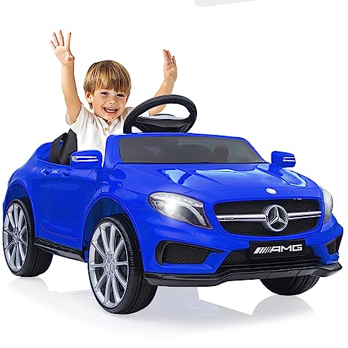 12V Kinder Elektroauto Mercedes Benz AMG mit 2,4G-Fernbedienung, Elektrofahrzeuge 2-türig mit MP3, Musik, Hupe, LED-Leuchten und 5 Punkt Sicherheitsgurt für Kinder ab 3 Jahre(Blau) von LOGEEYAR