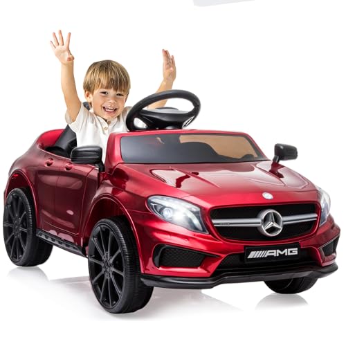 LOGEEYAR 12V Kinder Elektroauto Mercedes Benz AMG mit 2,4G-Fernbedienung, Elektrofahrzeuge 2-türig mit MP3, Musik, Hupe, LED-Leuchten und 5 Punkt Sicherheitsgurt für Kinder ab 3 Jahre(Tiefrot) von LOGEEYAR