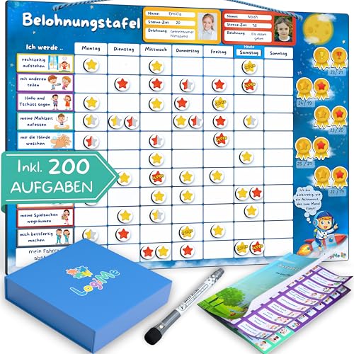 LogiMe® Belohnungstafel für Kinder inkl. 200 AUFGABEN - XL Aufgabenplaner magnetisch- Montessori Belohnungssystem Wochenplaner ab 3 4 5 6 7 8 Jahre magnetische Sternchenplan ADHS Magnettafel Belohnung von LOGIME