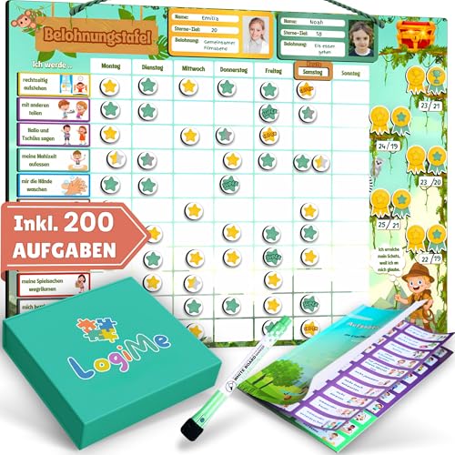 𝐋𝐨𝐠𝐢𝐌𝐞® Belohnungstafel für Kinder [200 AUFGABEN] - XL Aufgabenplaner magnetisch - Montessori Belohnungssystem - Wochenplaner ab 3 4 5 6 7 8 Jahre - Sternchenplan ADHS Magnettafel (Abenteurer) von LOGIME