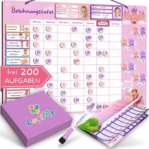 𝐋𝐨𝐠𝐢𝐌𝐞® Belohnungstafel für Kinder [200 AUFGABEN] - XL Aufgabenplaner magnetisch - Montessori Belohnungssystem - Wochenplaner ab 3 4 5 6 7 8 Jahre - Sternchenplan ADHS Magnettafel (Prinzessin) von LOGIME
