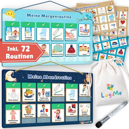 𝐋𝐨𝐠𝐢𝐌𝐞® Morgenroutine und Abendroutine Kinder Plan [inkl. 72 Routinen] Magnetisch – Montessori Tagesplaner - Routine Planer für Morgen & Abend – Routineplaner – Routinchen Tagesplan zum Klappen von LOGIME