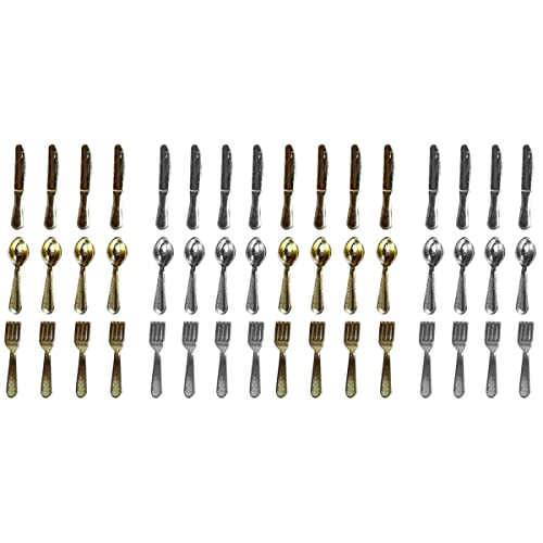 LOGOFUN Puppenhaus-Miniatur-Geschirr im Maßstab 1:12, Mini-Gabel, Löffel, Messer-Set für Puppenhaus-Küchenzubehör, Gold + Silber, 48-teilig von LOGOFUN