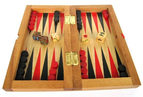 Backgammon + Dame Gr. S - aus Holz mit klappbarem Spielbrett 21 x 21 cm und rot/schwarzen Backgammon-Feldern von LOGOPLAY
