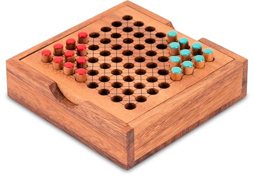 LOGOPLAY Halma Reisespiel – klassisches Strategiespiel im Mini-Holzkasten für 2 Spieler Grün Rot von LOGOPLAY