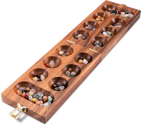 LOGOPLAY Kalaha Spiel mit Metallverschluss Groß Gold für 2 Spieler - Spielfeld 14 x 49 cm - Hus - Bao - mit Edelsteinen von LOGOPLAY