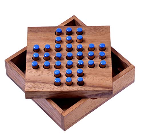 LOGOPLAY Solitär Gr. S - Solitaire - Steckspiel - Denkspiel - Knobelspiel - Geduldspiel - Logikspiel aus Holz - Blaue Stecker von LOGOPLAY