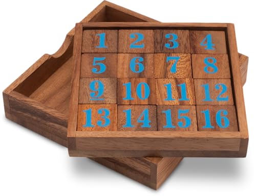 Slide 15 - Schiebespiel - Rechenspiel - Denkspiel - Knobelspiel - Geduldspiel - Logikspiel aus Holz mit blauen Zahlen von LOGOPLAY