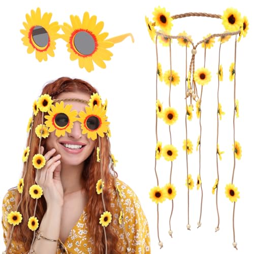 LOHAME 2 Stück Hippie Kostüm Set Sonnenblumen Haarschmuck Sonnenblume Sonnenbrille Hippie Accessoires Retro 60er 70er Kostümzubehör Blumen Stirnband Partybrille für Damen Mädchen Fasching Karneval LOHAME 2 Stück Hippie Kostüm Set Sonnenblumen Haarschmuck Sonnenblume Sonnenbrille Hippie Accessoires Retro 60er 70er Kostümzubehör Blumen Stirnband Partybrille für Damen Mädchen Fasching Karneval von LOHAME