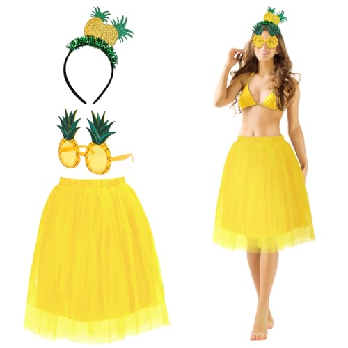 LOHAME 3tlg Ananas Kostüm Damen Hawaii Kostüm Accessoire Ananas Haarreif Sonnenbrille Gelb Tutu Tropischer Haarschmuck Hawaiian Kostüm Zubehör für Erwachsene Kinder Hawaii Party Strandparty Sommer LOHAME 3tlg Ananas Kostüm Damen Hawaii Kostüm Accessoire Ananas Haarreif Sonnenbrille Gelb Tutu Tropischer Haarschmuck Hawaiian Kostüm Zubehör für Erwachsene Kinder Hawaii Party Strandparty Sommer von LOHAME
