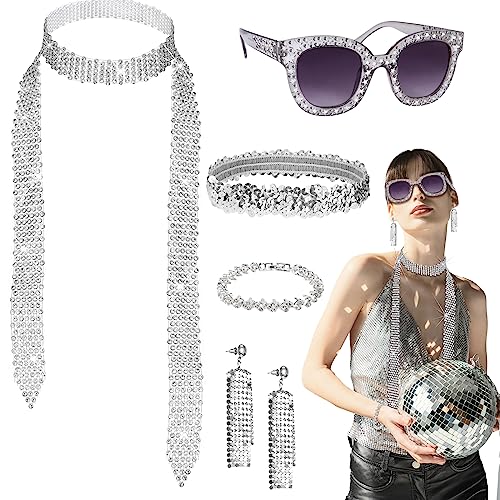 LOHAME 5 Stück Disco Accessoires, 70er jahre Kostümzubehör 70er Damen Glitzer Schmuck 1970s Retro Party Zubehör Frauen 80er Pailletten Quaste Ohrringe Stirnband Strass Armband Halskette Sonnenbrille LOHAME 5 Stück Disco Accessoires, 70er jahre Kostümzubehör 70er Damen Glitzer Schmuck 1970s Retro Party Zubehör Frauen 80er Pailletten Quaste Ohrringe Stirnband Strass Armband Halskette Sonnenbrille von LOHAME