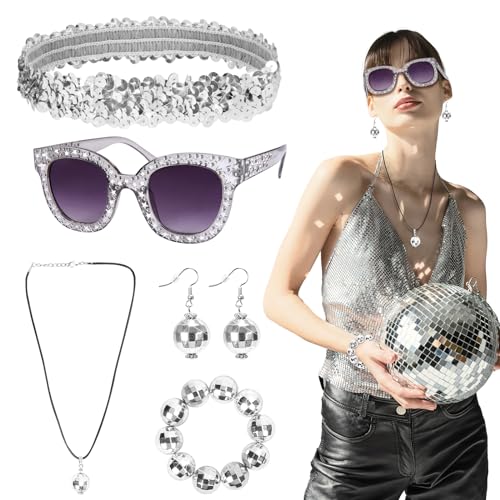 LOHAME 6 Stück Disco Accessoires 70er jahre Kostümzubehör 80er Damen Glitzer Schmuck 1970s Retro Party Zubehör Frauen Pailletten Stirnband Discokugel Ohrringe Armband Halskette Strass Sonnenbrille LOHAME 6 Stück Disco Accessoires 70er jahre Kostümzubehör 80er Damen Glitzer Schmuck 1970s Retro Party Zubehör Frauen Pailletten Stirnband Discokugel Ohrringe Armband Halskette Strass Sonnenbrille von LOHAME