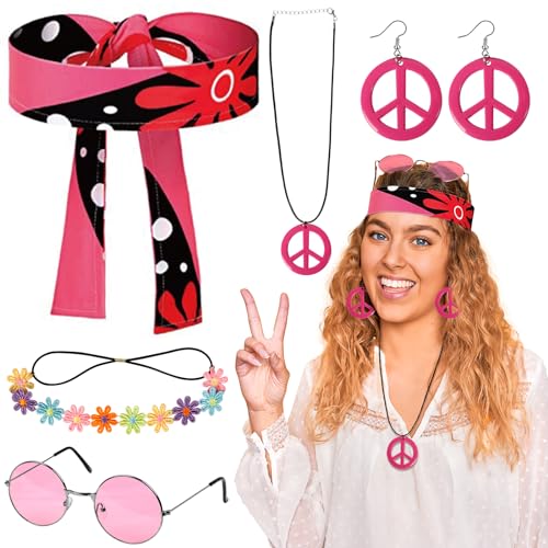 LOHAME 6 Stück Hippie Kostüm Set Damen Retro Verkleiden Rosa Hippie Accessoires Vintage 60er 70er Kostümzubehör mit Vintage Brille Friedenszeichen Halskette Buntes Stirnband für Frauen Karneval LOHAME 6 Stück Hippie Kostüm Set Damen Retro Verkleiden Rosa Hippie Accessoires Vintage 60er 70er Kostümzubehör mit Vintage Brille Friedenszeichen Halskette Buntes Stirnband für Frauen Karneval von LOHAME