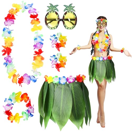 LOHAME 6tlg Hawaii Kostüm Accessoires Blatt Hula Rock Hawaiian Leis Set Blätterrock Ananas Sonnenbrille Hawaii Grass Rock Blume Girlande Armband Haarblume für Erwachsene Hawaii Party Beachparty Sommer von LOHAME