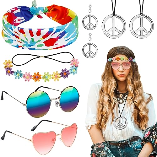 LOHAME 7 Stück Hippie Kostüm Set Damen Retro Verkleiden Hippie Accessoires Vintage 60er 70er Kostümzubehör mit Vintage Brille Friedenszeichen Halskette Buntes Stirnband für Frauen Karneval Fasching LOHAME 7 Stück Hippie Kostüm Set Damen Retro Verkleiden Hippie Accessoires Vintage 60er 70er Kostümzubehör mit Vintage Brille Friedenszeichen Halskette Buntes Stirnband für Frauen Karneval Fasching von LOHAME