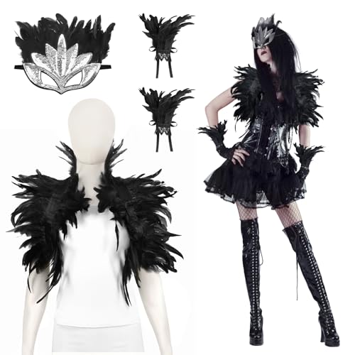 LOHAME 3tlg Halloween Schwarze Federumhang Gothic Feder Schal mit Manschette Maske Federschal Damen Böse Königin Kostüm Zubehör für Halloween Fasching Karneval Maskerade Black Swan Kostüm Frauen LOHAME 3tlg Halloween Schwarze Federumhang Gothic Feder Schal mit Manschette Maske Federschal Damen Böse Königin Kostüm Zubehör für Halloween Fasching Karneval Maskerade Black Swan Kostüm Frauen von LOHAME