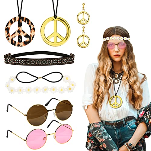 LOHAME Hippie Accessoires, Hippie Kostüm Set 60er 70er Jahre Damen Retro Zubehör mit Haarschmuck Sonnenbrille Peace Kette Mädchen Hippie Deko Schmuck für Mottoparty Disco Reisen Schlager Frau Outfit LOHAME Hippie Accessoires, Hippie Kostüm Set 60er 70er Jahre Damen Retro Zubehör mit Haarschmuck Sonnenbrille Peace Kette Mädchen Hippie Deko Schmuck für Mottoparty Disco Reisen Schlager Frau Outfit von LOHAME