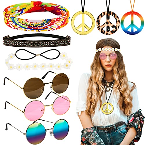 LOHAME Hippie Kostüm Set 9 Stück 60er 70er Jahre Retro Zubehör mit Friedenszeichen Halskette Boho Gänseblümchen Stirnband Hippie Vintage Brille für Mottoparty Strand Reisen Fotografie von LOHAME