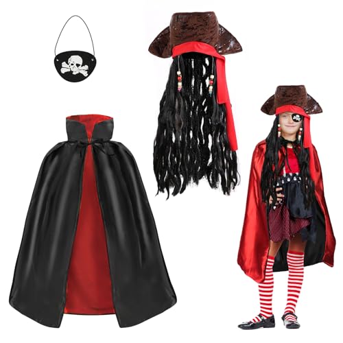 LOHAME Piratenkostüm Kinder Piratenhut mit Perücke Pirat Augenklappe Rot-schwarz Umhang Piraten Kostüm Zubehör Seeräuber Kinderkostüm Piraten Accessoires für Junge Mädchen Halloween Karneval Fasching LOHAME Piratenkostüm Kinder Piratenhut mit Perücke Pirat Augenklappe Rot-schwarz Umhang Piraten Kostüm Zubehör Seeräuber Kinderkostüm Piraten Accessoires für Junge Mädchen Halloween Karneval Fasching von LOHAME