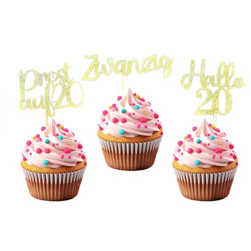 LOINFE Cupcake Topper, 24 Stück Geburtstag Tortendeko, Cake Topper Geburtstag, 20. Gold Kuchentopper für Hochzeit Geburtstag Party Kuchen Dekorationen von LOINFE