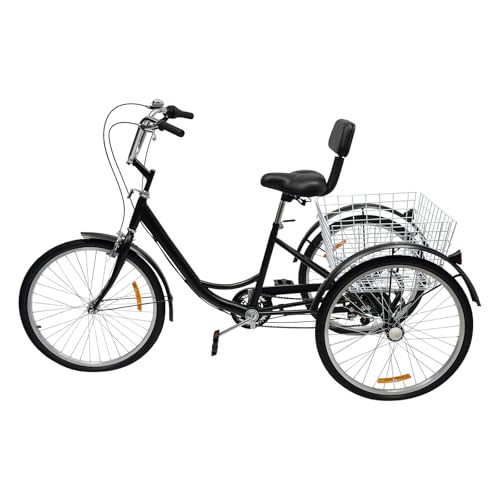 24" 6 Gange mit Einkaufskorb Schwarz Dreirad 3 Räder Fahrrad Tricycle,Faltbar Dreirad, 3 Räd Einstellbares Trike Klappbar für Erwachsene ältere Outdoor-Aktivitäten für Outdoor Aktivitäten Shopping von LOIRIIC