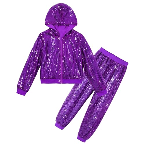 LOLANTA 2-teiliges Mädchen-Tanz-Outfit-Set, kurze Paillettenjacke, Hose, Hip-Hop-Tanzkostüme für 80er-/90er-Jahre-Party, 5–15 Jahre, Violett, 12-13 Jahre von LOLANTA