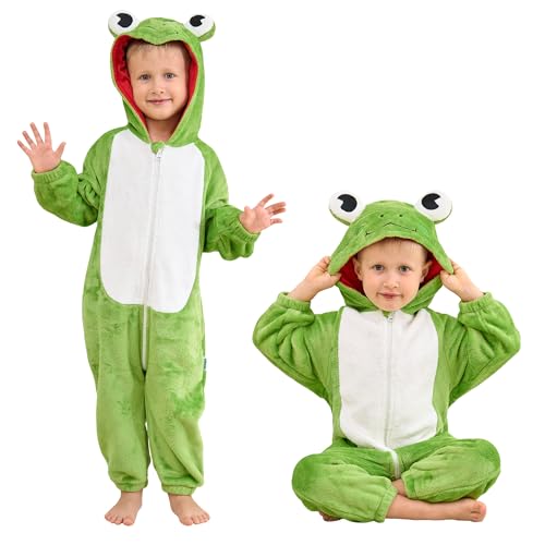LOLANTA Baby Froschkostüm mit Kapuze, Flanell Tier-Overall Einteiler Jumpsuit für Kleinkinder, Karneval & Fasching Kostüm(Frosch, 18-24 Monate, 90) von LOLANTA