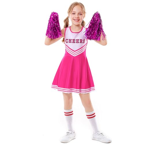 LOLANTA Cheerleader Kostüm Kinder, Cheerleadering Outfit Mädchen mit Pompons(10-11 Jahre,Rosa,Tag 150) von LOLANTA