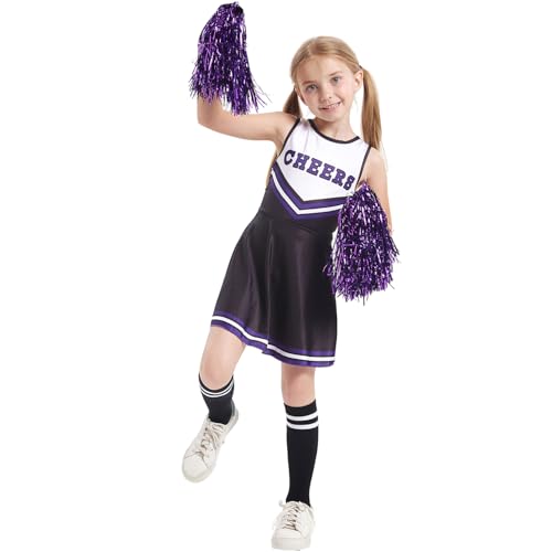 LOLANTA Cheerleader Kostüm Kinder, Cheerleadering Outfit Mädchen mit Pompons(6-7 Jahre,Schwarz,Tag 130) von LOLANTA