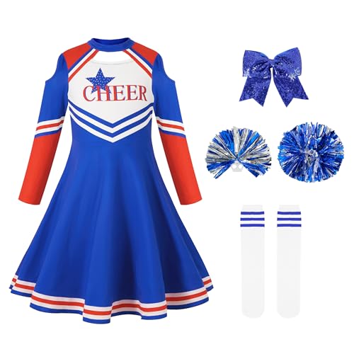 LOLANTA Cheerleader Kostüm Kinder, Mädchen Cheerleader Uniform kleid mit Pompoms Socken und Kopfschmuck, Langärmeliges Cheerleading Karnevalskostüm(Blau,9-10 Jahre,Tag-Größe 140) von LOLANTA
