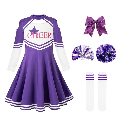LOLANTA Cheerleader Kostüm Kinder, Mädchen Cheerleader Uniform kleid mit Pompoms Socken und Kopfschmuck, Langärmeliges Cheerleading Karnevalskostüm(Lila,9-10 Jahre,Tag-Größe 140) von LOLANTA