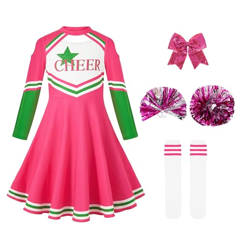 LOLANTA Cheerleader Kostüm Kinder, Mädchen Cheerleader Uniform kleid mit Pompoms Socken und Kopfschmuck, Langärmeliges Cheerleading Karnevalskostüm(Rosa,9-10 Jahre,Tag-Größe 140) von LOLANTA