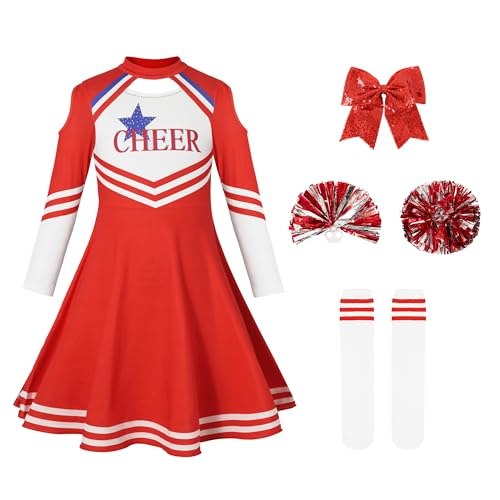 LOLANTA Cheerleader Kostüm Kinder, Mädchen Cheerleader Uniform kleid mit Pompoms Socken und Kopfschmuck, Langärmeliges Cheerleading Karnevalskostüm(Rot,7-8 Jahre,Tag-Größe 130) von LOLANTA