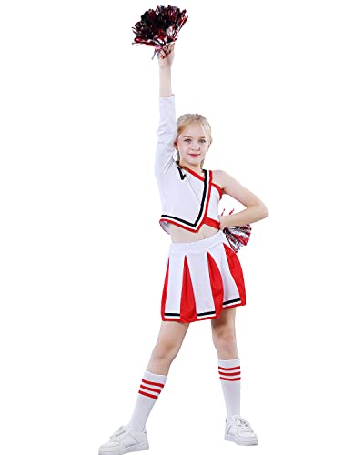 LOLANTA Cheerleader Kostüm Kinder, Stylische Eine Schulter Cheerleadering Outfit Uniform Mädchen mit Pompons(11-12 Jahre, Weiß,Tag 160) von LOLANTA