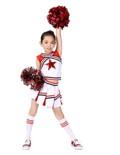 LOLANTA Mädchen Karneval Kostüm, Cheerleader kleid mit Pompoms und Socken, Mittelschule Cheerleading Uniform, Rot, 120 von LOLANTA