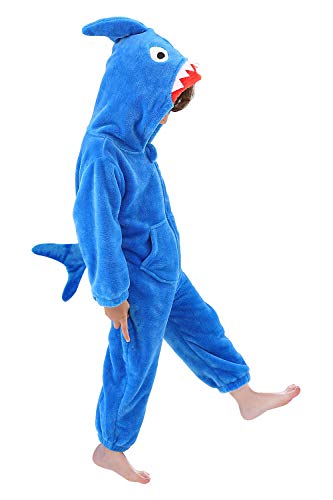 LOLANTA Kinder Hai Kostüm,Jungen Tier Flanell Overall mit Kapuze,6-7 Jahre,Blau,Etikettengröße L von LOLANTA