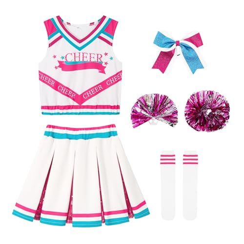 LOLANTA Mädchen Cheerleader Kostüm Kinder Rosa Cheerleader Kleid mit Pompoms Socken Kopfschmuck Mittelschule Cheerleading Uniform Karneval Kostüm(Rosa, 12-13 Jahre, Tag 160) von LOLANTA