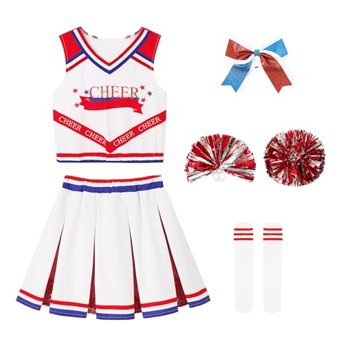 LOLANTA Mädchen Rot Cheerleader Kostüm Kinder Cheerleader Kleid mit Pompoms Socken Kopfschmuck Mittelschule Cheerleading Uniform(Rot, 9-10 Jahre, Tag 140) von LOLANTA