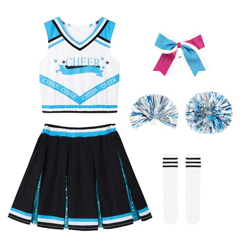 LOLANTA Mädchen Cheerleader Kostüm, Kinder Seeblau Pailletten Cheerleader Kleid mit Pompoms Socken Kopfschmuck Mittelschule Cheerleading Uniform Karneval Kostüm(7-8 Jahre, Tag 130) von LOLANTA