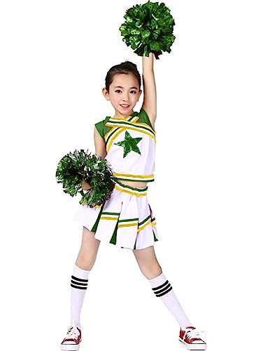 LOLANTA Mädchen Karneval Kostüm, Cheerleader Kleid mit Pompoms und Socken, Mittelschule Cheerleading Uniform, Grün, 120 von LOLANTA