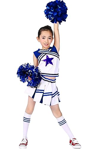 LOLANTA Mädchen Karneval Kostüm, Cheerleader kleid mit Pompoms und Socken, Mittelschule Cheerleading Uniform, Blau, 110 von LOLANTA