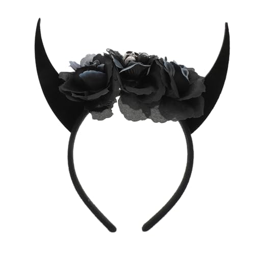 LOLIPPYY Halloween Ox Horn Stirnband mit Skull Kopfdekoration Leichtes Bequemes Kostüm Accessoire für Party Cosplay Karneval Schwarzes Horn Haarreif für Damen von LOLIPPYY