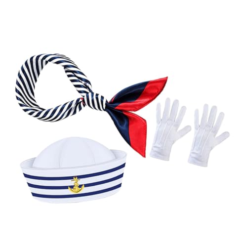 LOLIPPYY Kapitänsmütze Gestreift Mit Schal Und Handschuhen Nautisches Kostümset Für Damen Und Herren Leichtes Atmungsaktives Material Für Party Cosplay Und Festliche Anlässe von LOLIPPYY